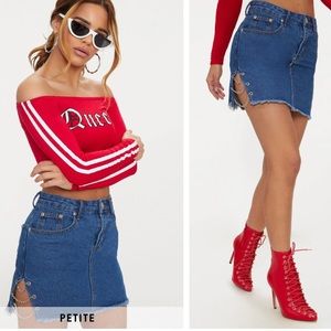 Petite Mid Wash Chain Detail Denim Mini Skirt